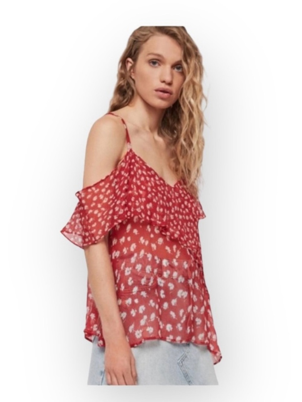 new Allsaints ꕥ Off Shoulder Ruffled Silk Floral Print Top ꕥ Red ꕥ Wear 2 Ways - Picture 13 of 16